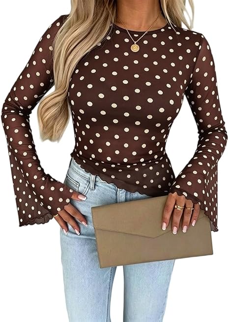 ChicMe Couture Womens Bell Sleeve Polka Dot Mesh Top Coffee Small