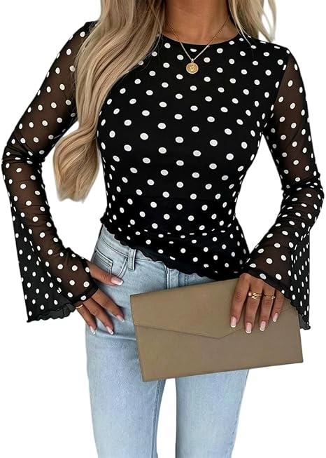 ChicMe Couture Womens Bell Sleeve Polka Dot Mesh Top Coffee Small
