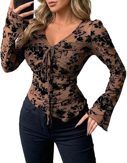 ChicMe Couture Women's Bell Sleeve Flocked Floral Mesh Top Lined Blouse Coffee Small
