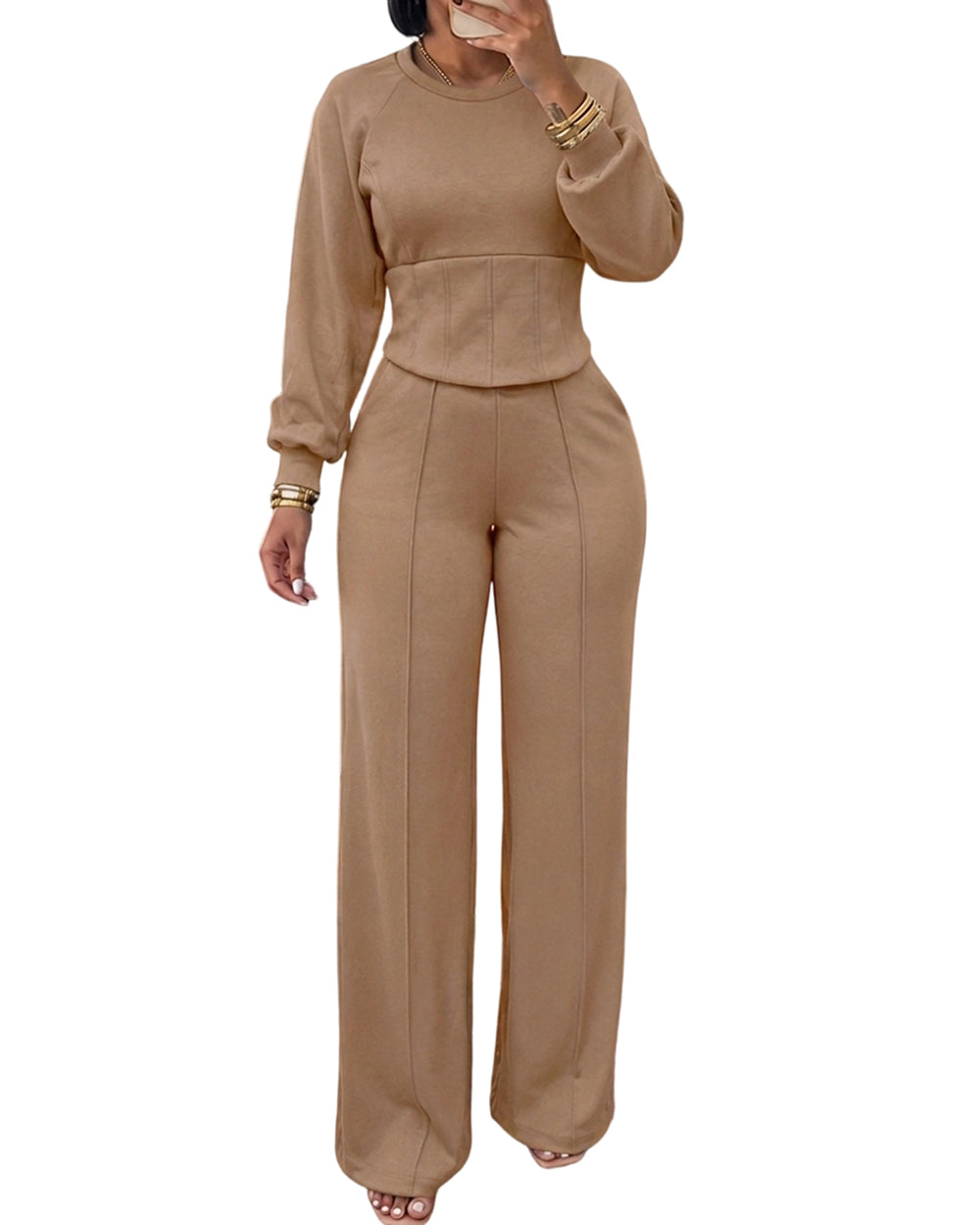 ChicMe Couture Women's 2 Piece Sweatsuit Wide Leg Pant Set Light Gray Small