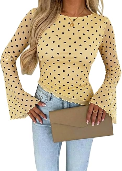ChicMe Couture Womens Bell Sleeve Polka Dot Mesh Top Coffee Small