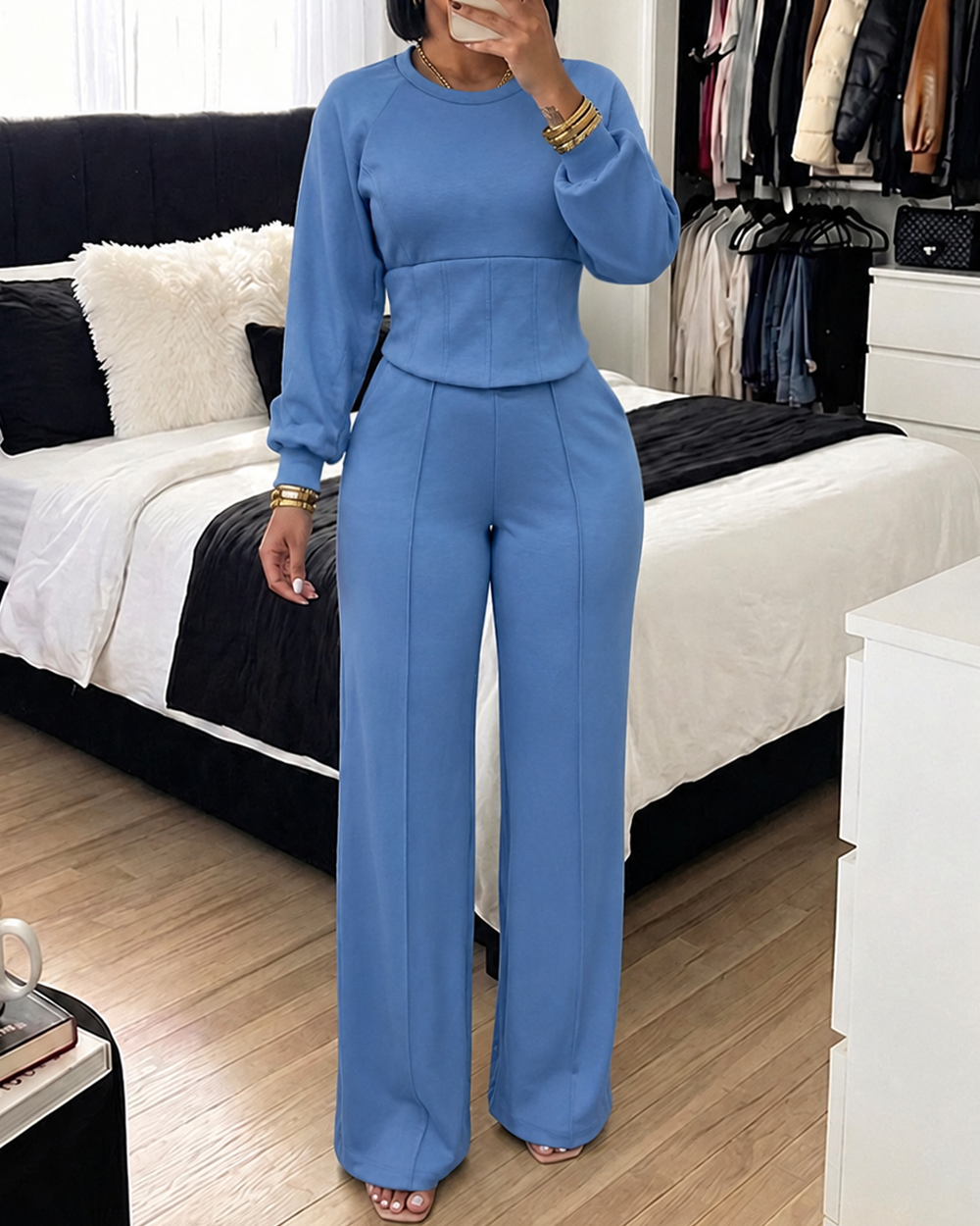 ChicMe Couture Women's 2 Piece Sweatsuit Wide Leg Pant Set Light Gray Small