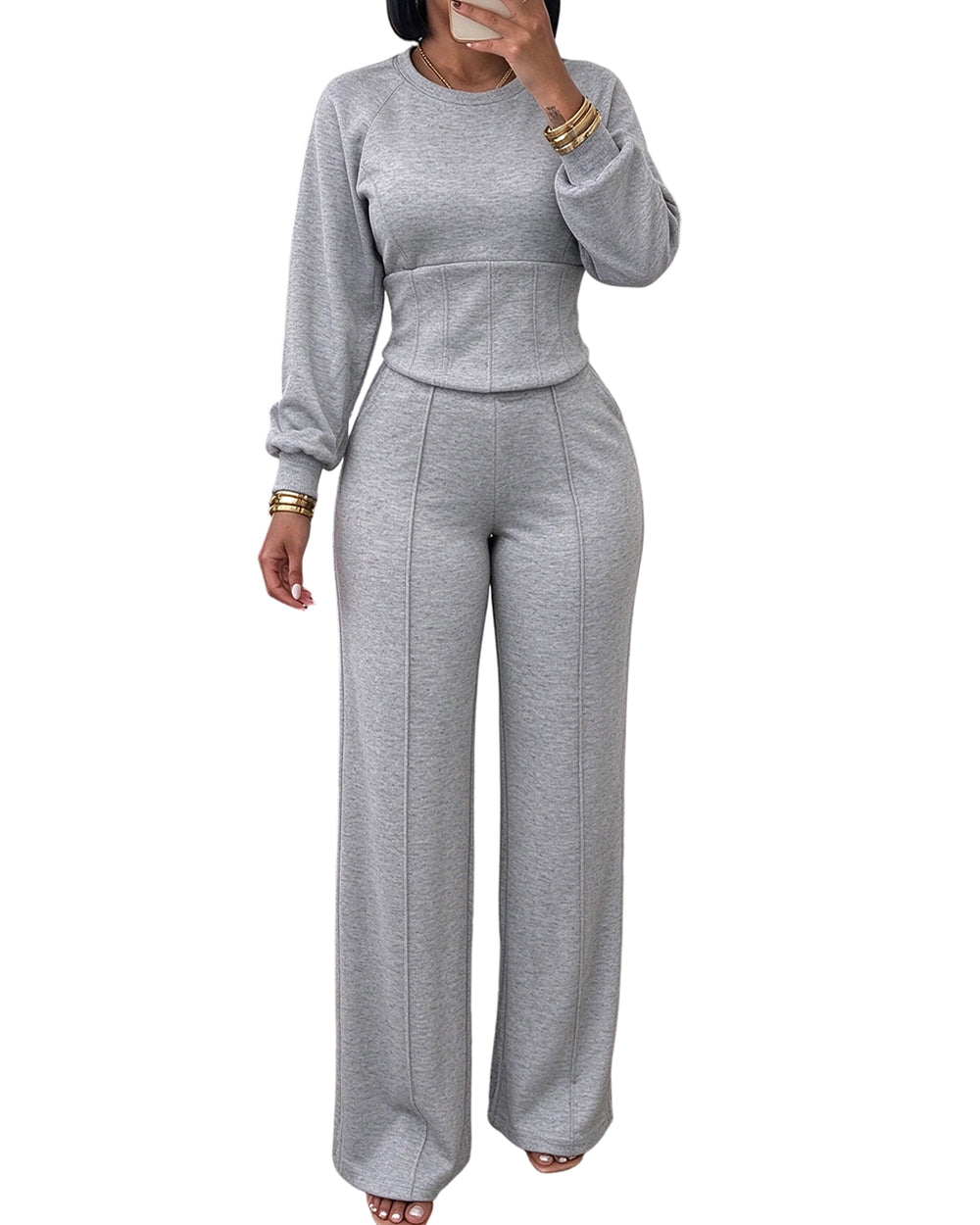 ChicMe Couture Women's 2 Piece Sweatsuit Wide Leg Pant Set Light Gray Small