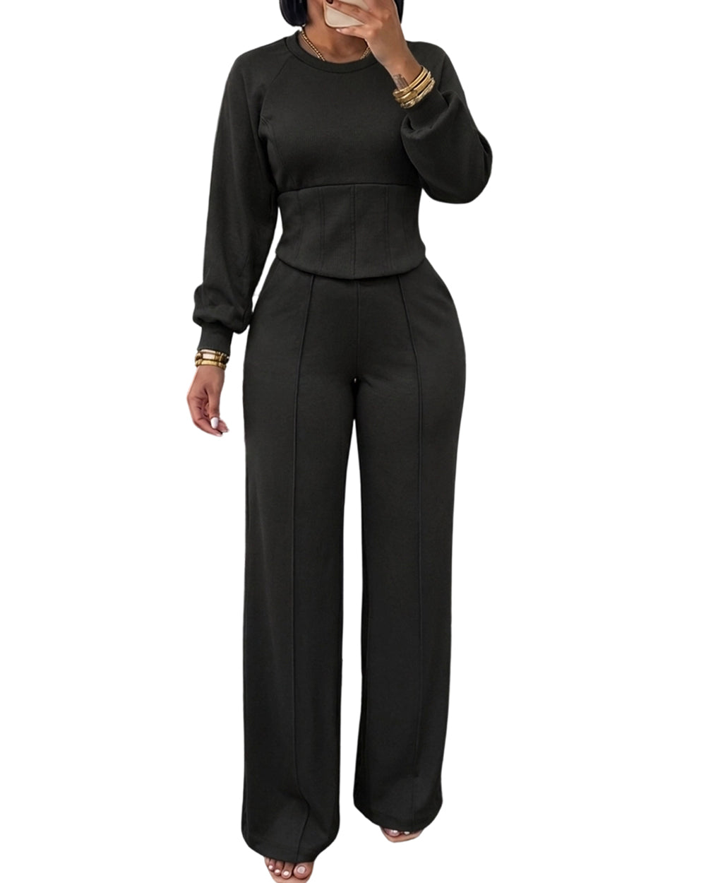 ChicMe Couture Women's 2 Piece Sweatsuit Wide Leg Pant Set Light Gray Small