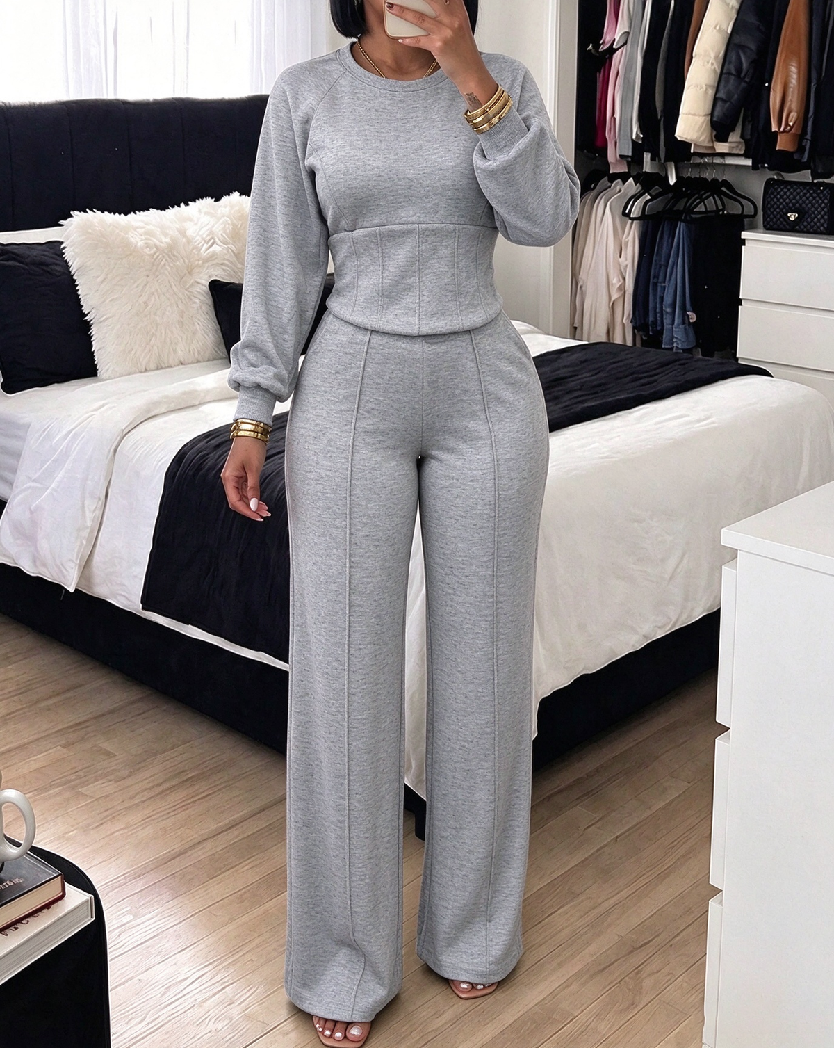 ChicMe Couture Women's 2 Piece Sweatsuit Wide Leg Pant Set Light Gray Small