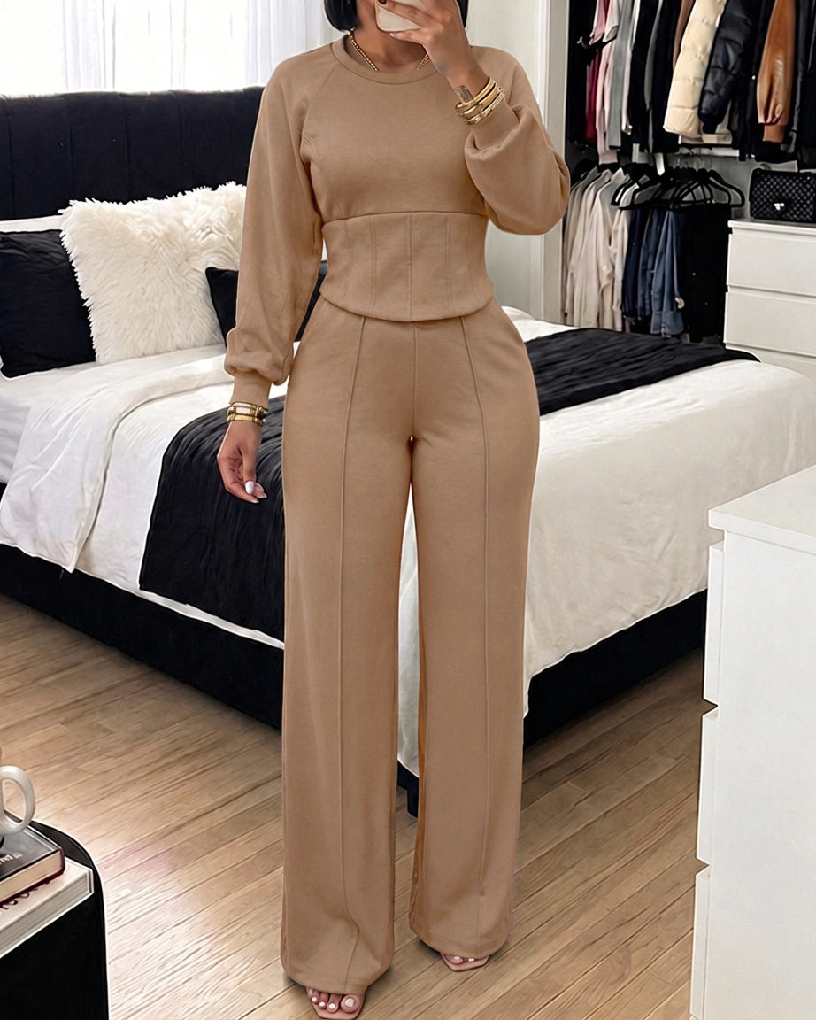 ChicMe Couture Women's 2 Piece Sweatsuit Wide Leg Pant Set Light Gray Small